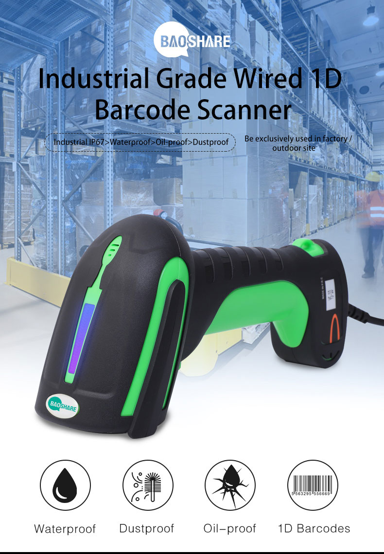 BaoShare YS-10 IP65 Waterproof Handheld Wired 1D Laser Barcode Scanner USB Barcode Reader For Warehouse Inventory