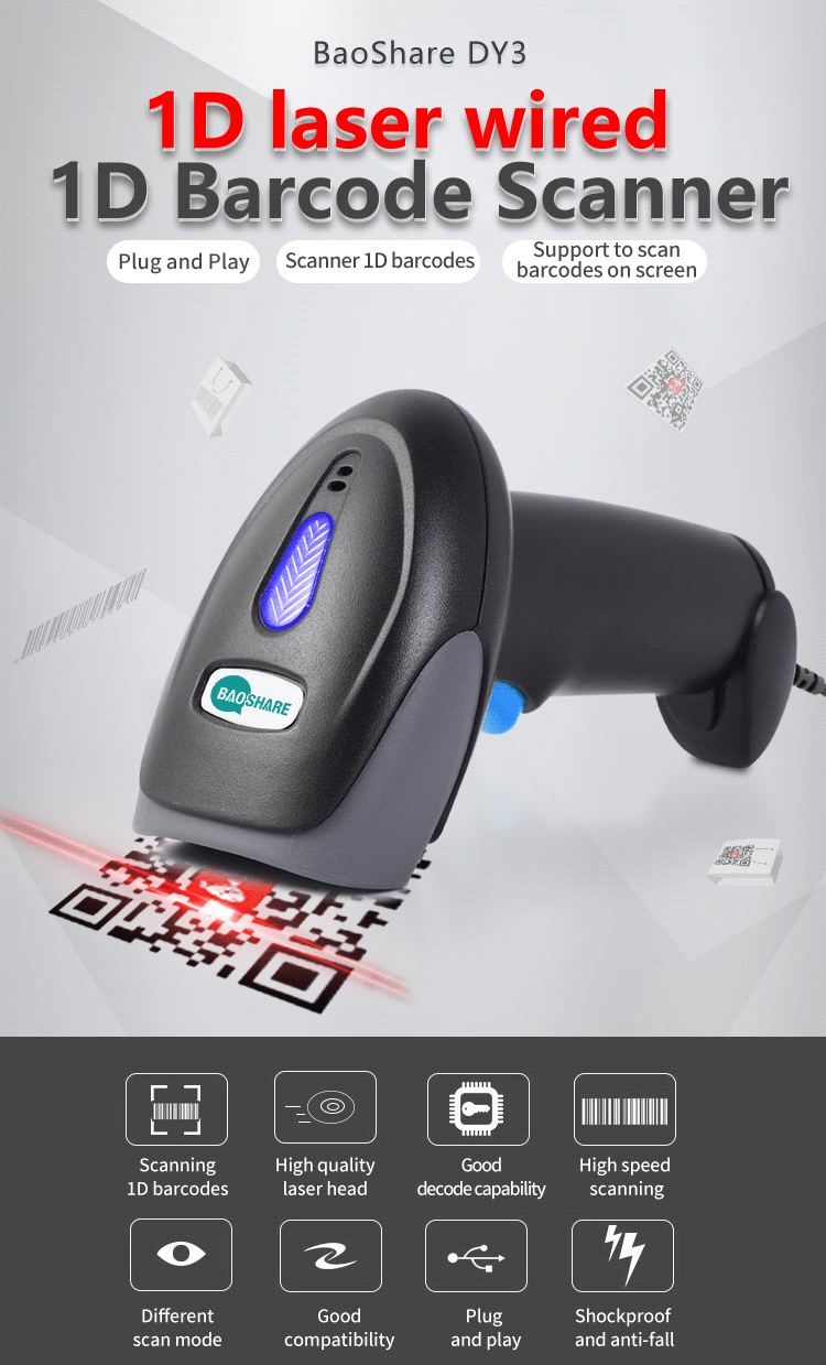 BaoShare DY3 Factory Wholesale Price Supermarket POS Handheld Wired 1D Laser Barcode Scanner