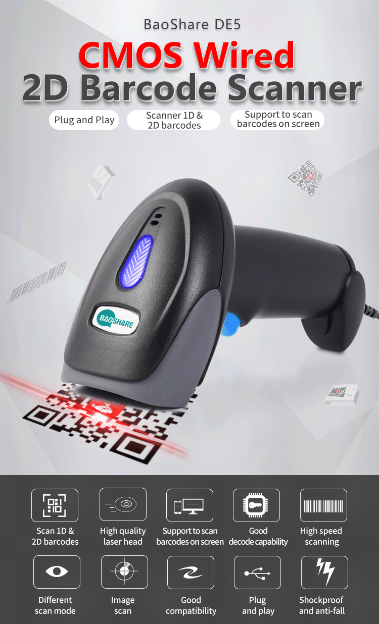 BaoShare DE5 Handheld Wired 2D Barcode Scanner USB Corded QR Code Scanner For Supermarket