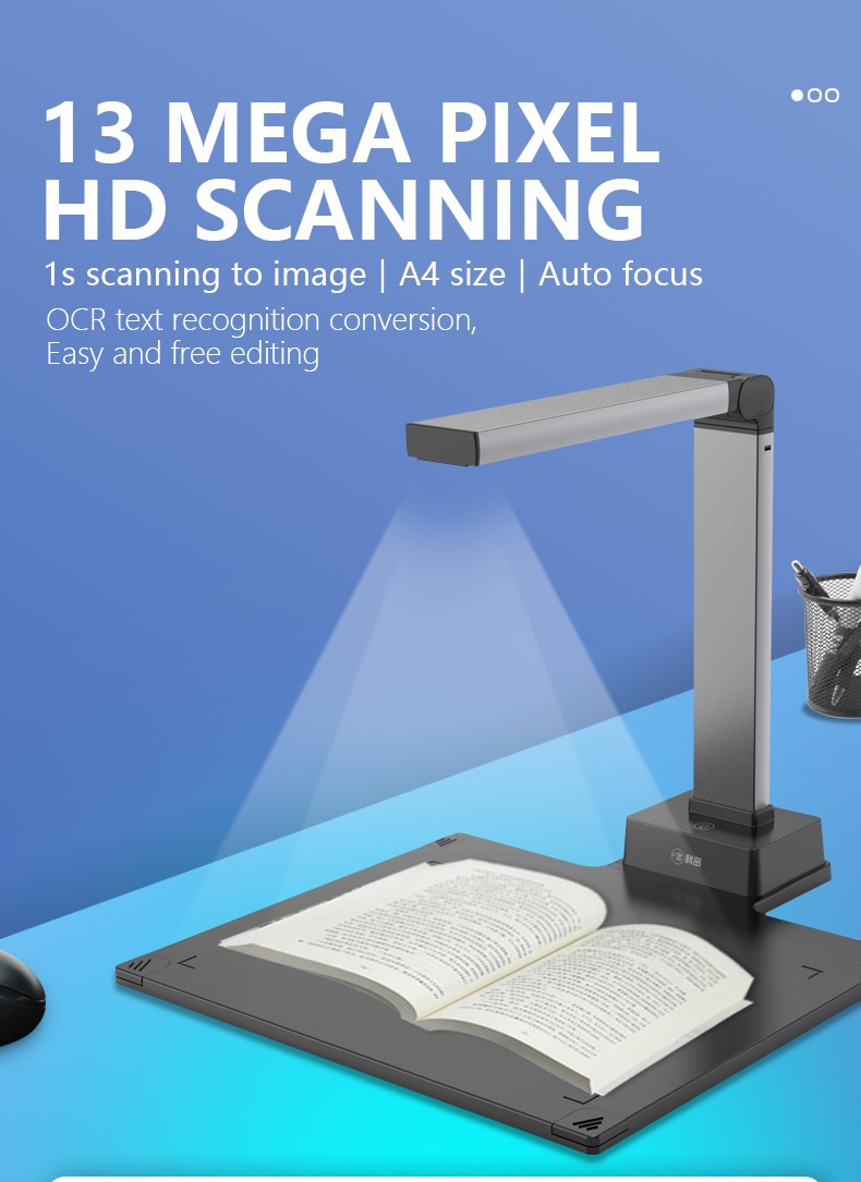 High quality A4 automatic scanner book 13MP portable standing usb ocr document camera scanner with hard base