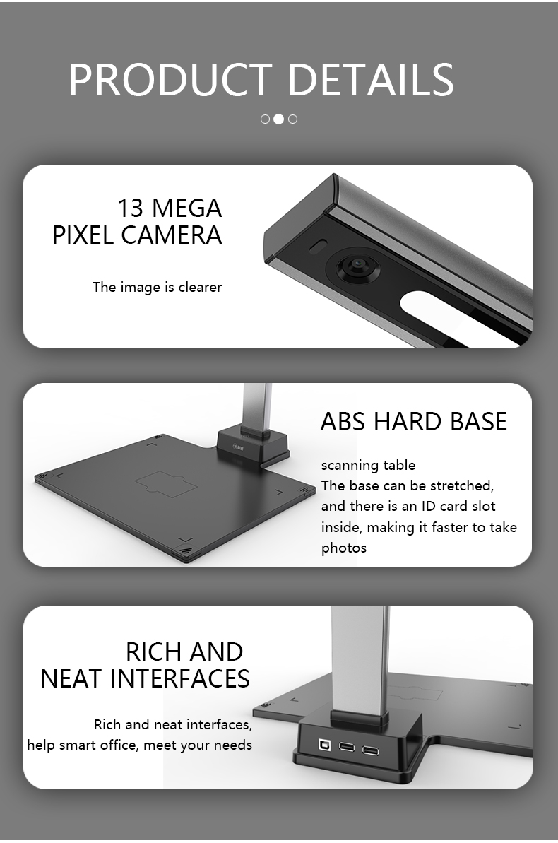 High quality A4 automatic scanner book 13MP portable standing usb ocr document camera scanner with hard base