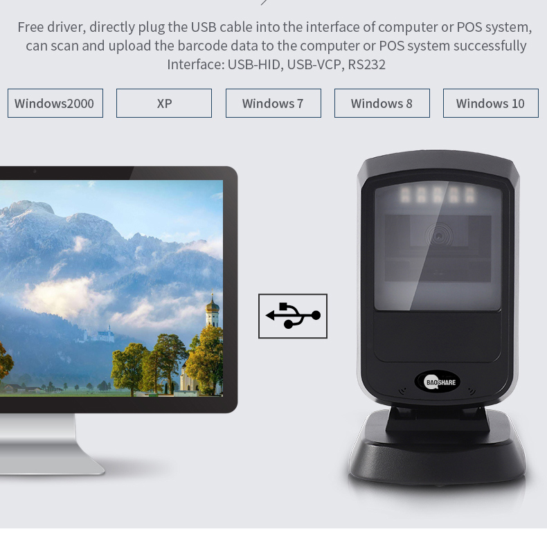 Fast Scanning Usb 1D 2D Desktop Omnidirectional Barcode Scanner Hand Free Qr Code Reader For Supermarket