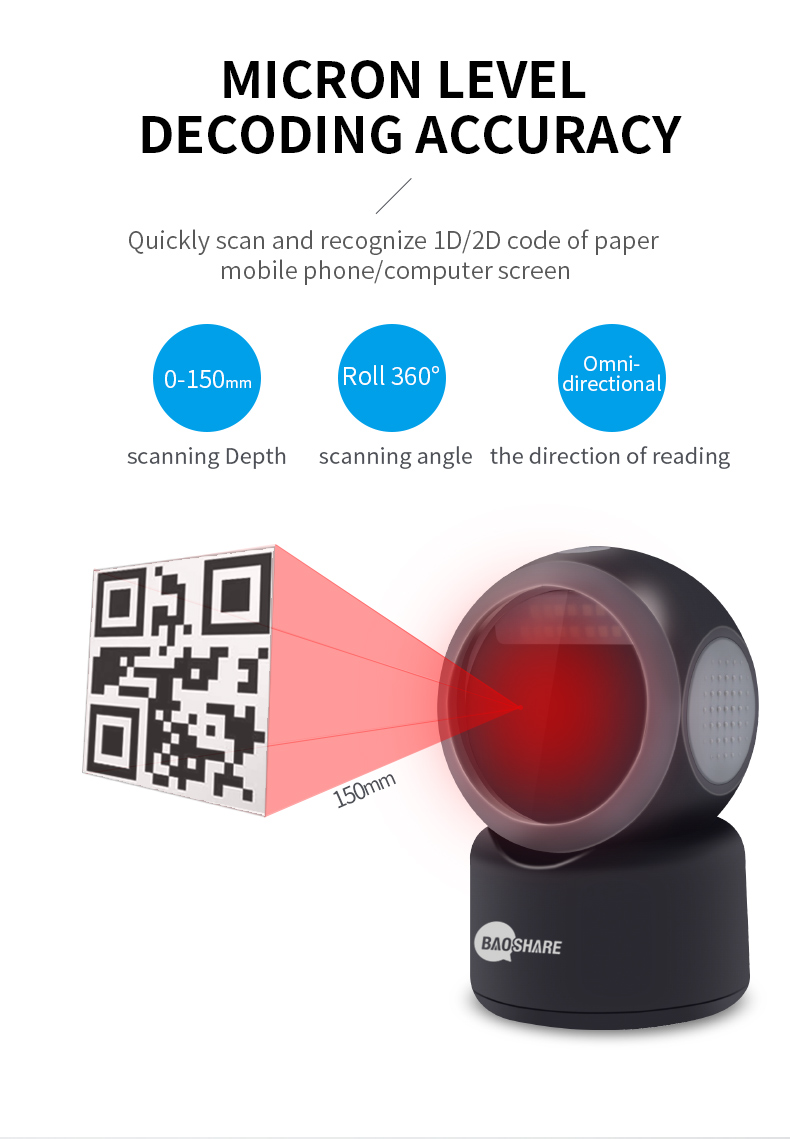 Wired 1D 2D Image Handsfree Barcode Scanner Desktop Omnidirectional Barcode Reader For Supermarket