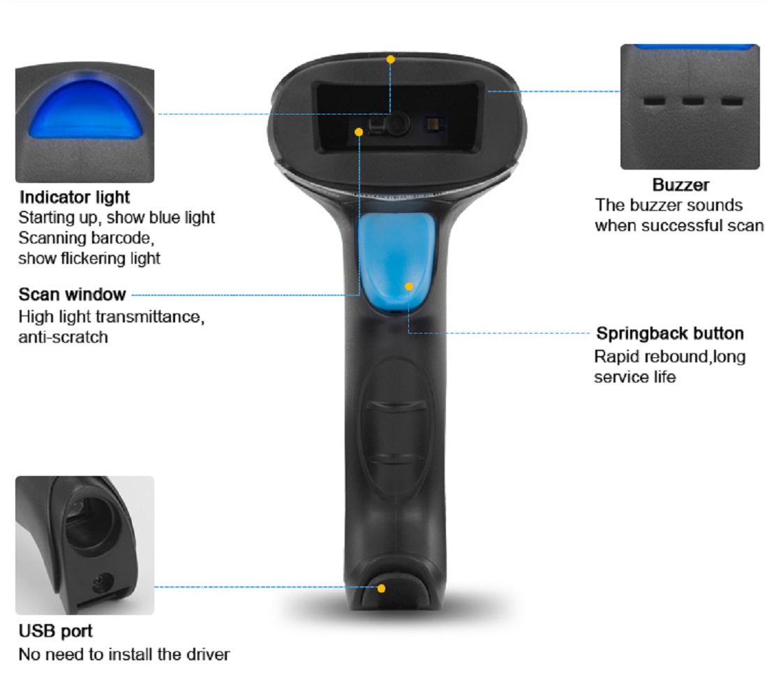 Handheld Wired USB 2D Barcode Scanner QR Code Scanner For Supermarket