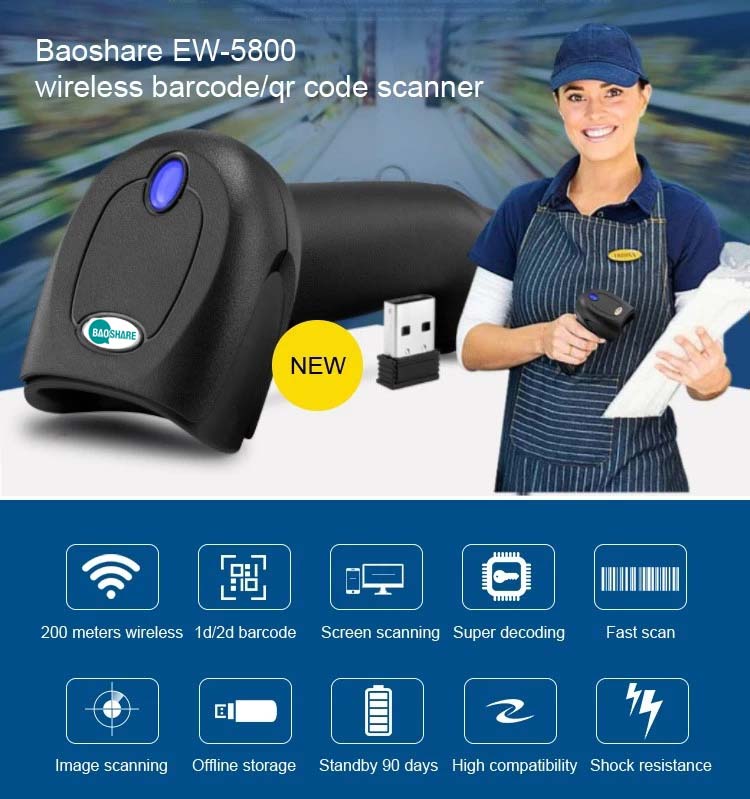 OEM Pos Scanner Barcode Portable 1D 2D Scan Gun Wireless Qr Barcode Scanner Reader With Memory