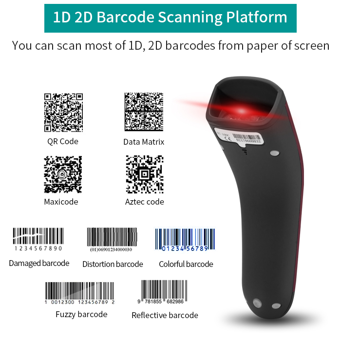 High Speed Barcode Reader Cordless Blue tooth Wireless 2D QR Code Barcode Scanner for Convenience Store