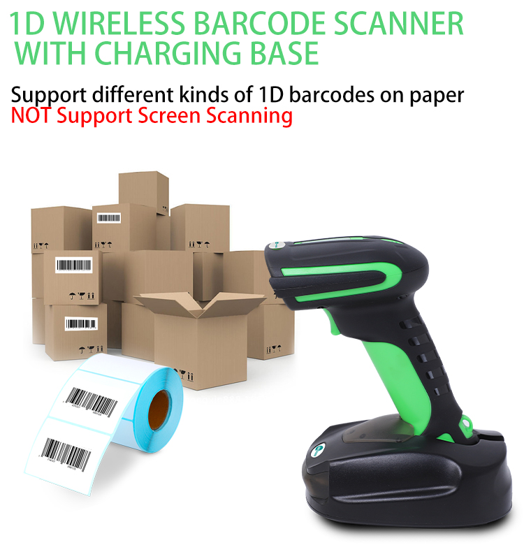High Quality Automatic 1D Wireless Industrial Cordless Blue tooth 2.4G Barcode Scanner Reader with Charging Stand
