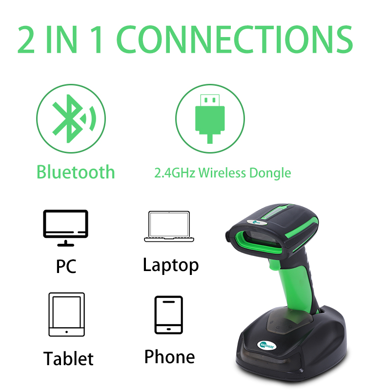 High Quality Automatic 1D Wireless Industrial Cordless Blue tooth 2.4G Barcode Scanner Reader with Charging Stand