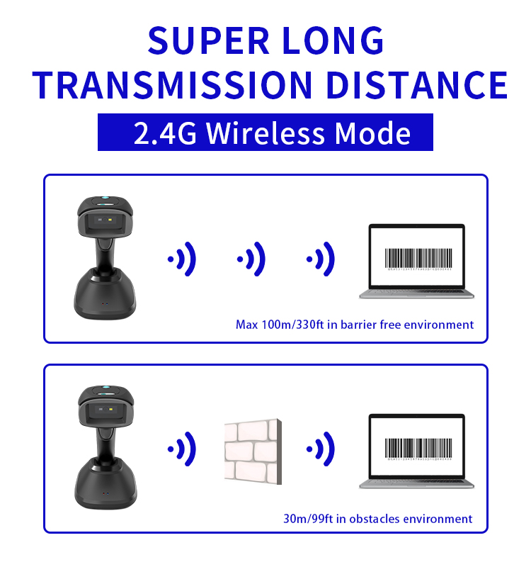 1D 2D Wireless Long Distance Handfree Portable Cordless Image Barcode Scanner Reader With Charging Base