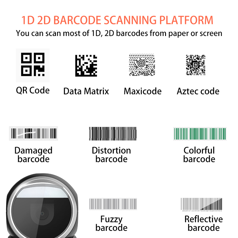 1D/2D Desktop Automatic Barcode Scanner Omnidirectional Wired Scan Reader Balck 
