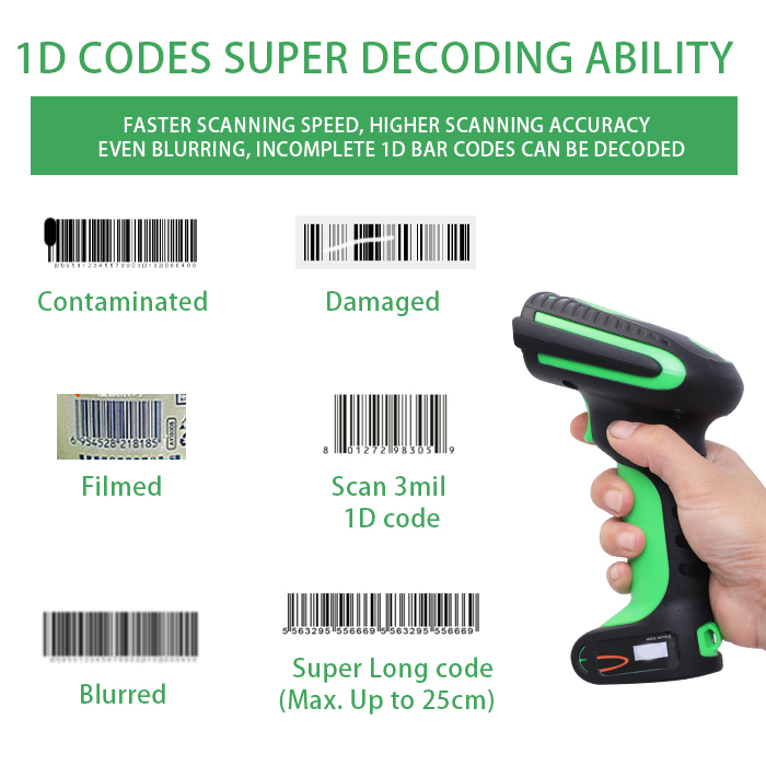 High Quality Automatic 1D Wireless Industrial Cordless Bluetooth 2.4G Barcode Scanner Reader with Charging Stand