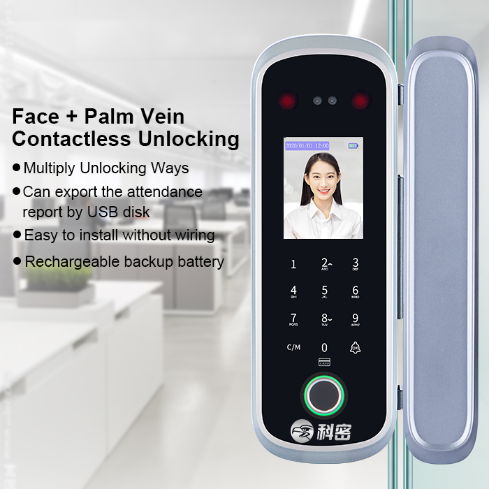 Office Access Control and Attendance Fingerprint Palmprint Face Recognition Smart Card Glass Door Lock 
